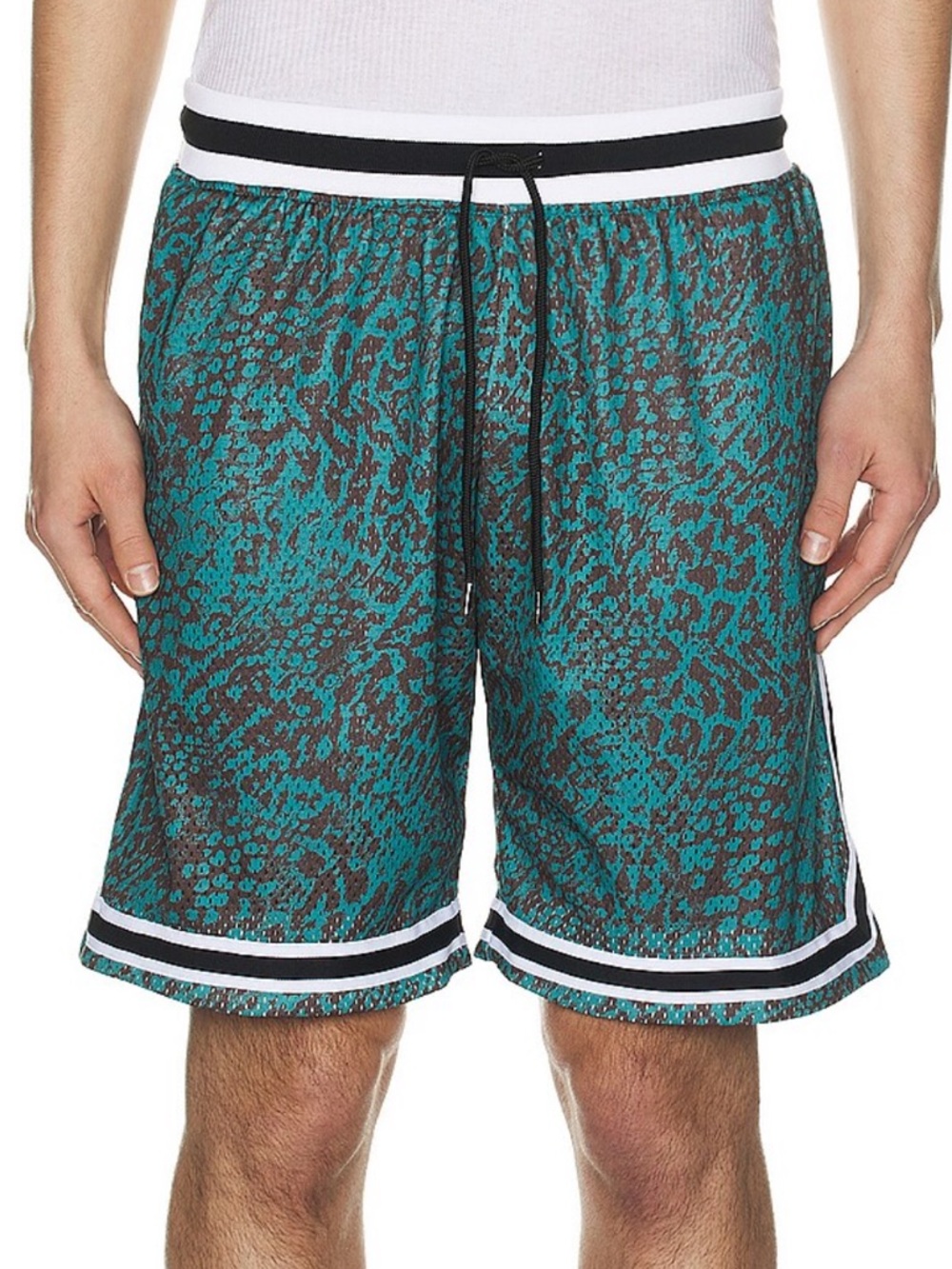 John Elliott Teal and Black Animal-Print Athletic Shorts